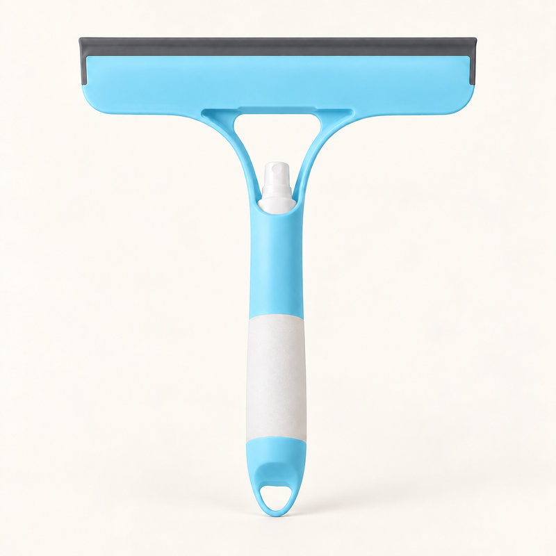 SOLEVA window squeegee for cleaning, featuring a spray, wipe, and shine function, with a sleek handle and flexible blade.