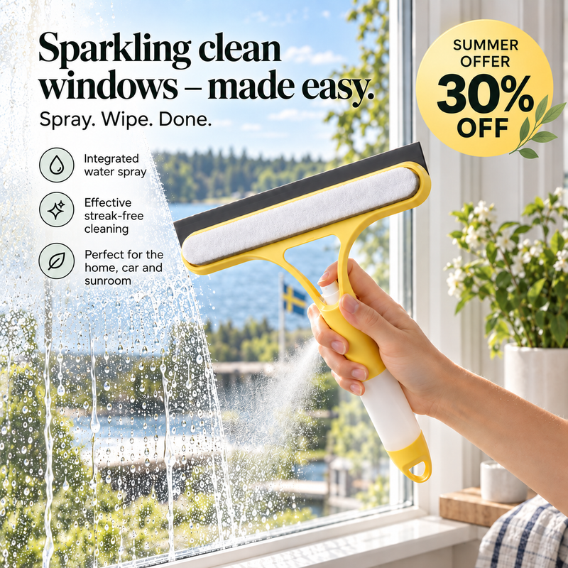 SOLEVA window squeegee for cleaning, featuring spray, wipe, and shine function, shown in use on a large glass window.