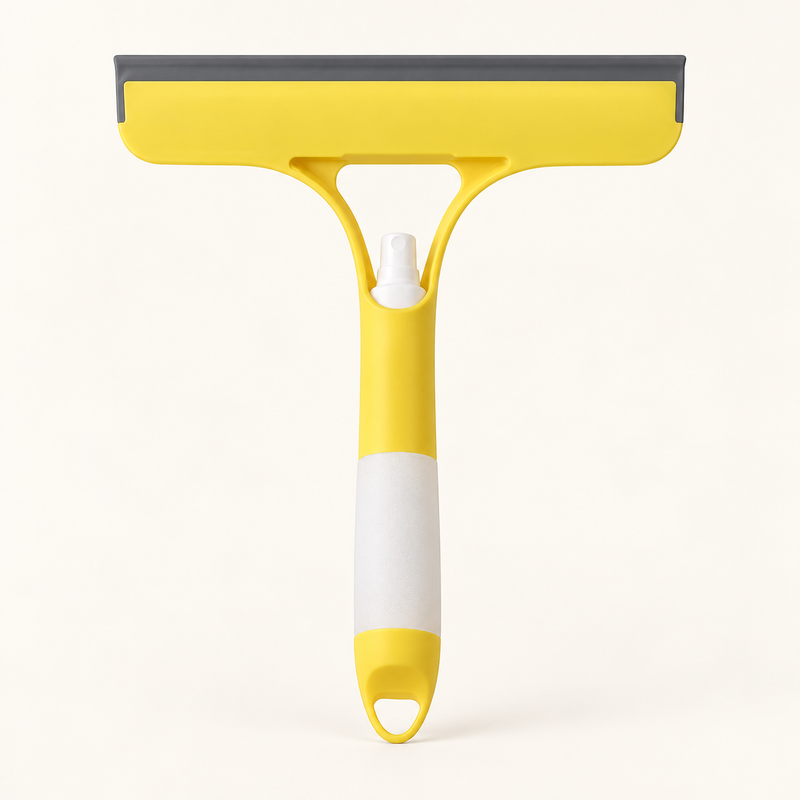 SOLEVA window squeegee for cleaning, with spray, wipe, and shine features, used for streak-free glass and window cleaning.