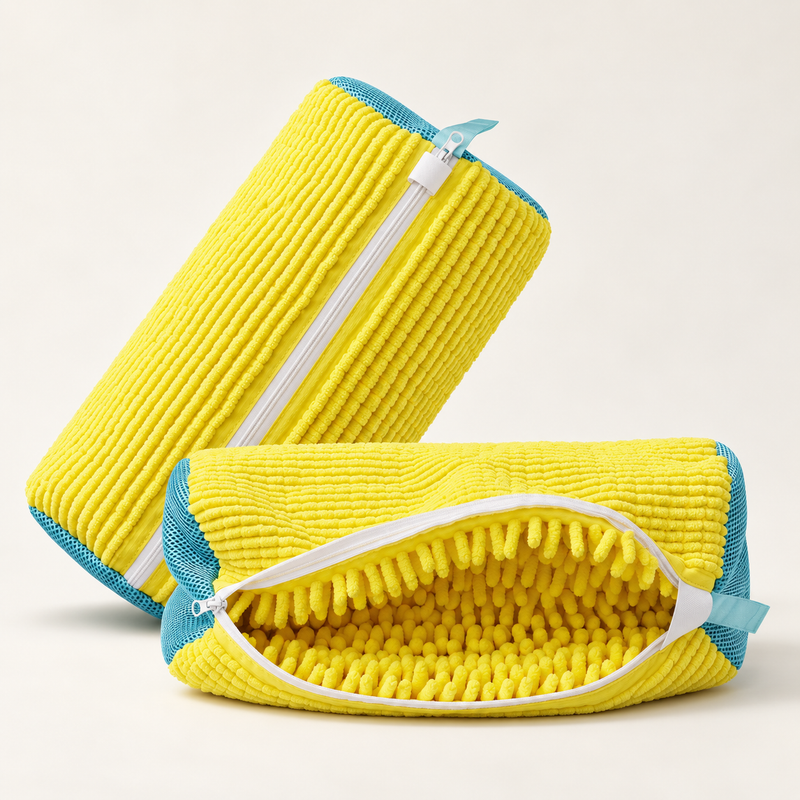 SOLEVA yellow sneaker wash bag with sneakers inside