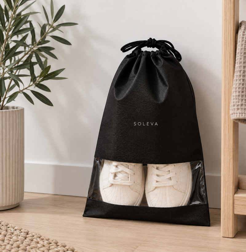 SOLEVA travel shoe bags for laundry care, designed to keep shoes separate from clothes during travel or storage.