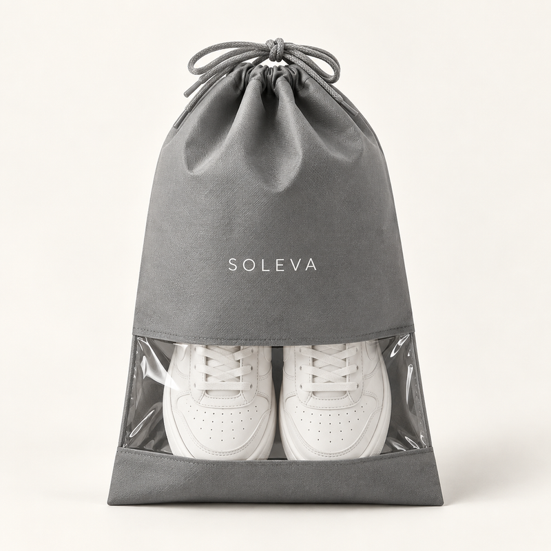 SOLEVA Travel Shoe Bags in laundry care, designed to keep shoes separated from clothes during travel