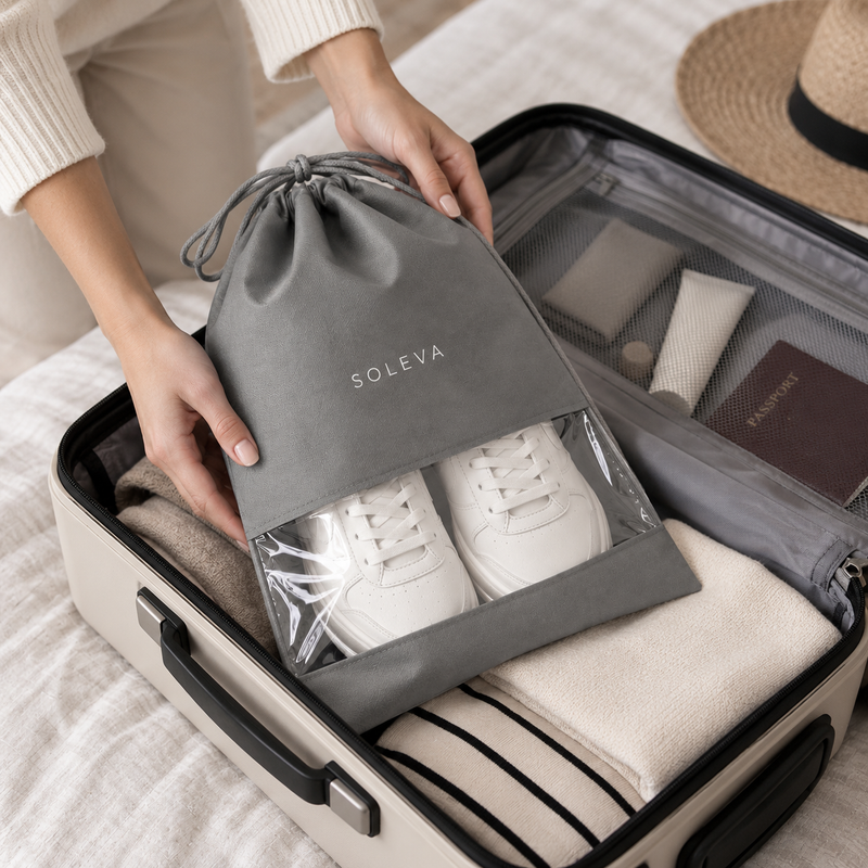 SOLEVA Travel Shoe Bags in laundry care, designed to keep shoes separate from clothes during travel or storage.